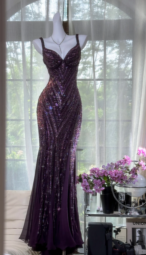 Vintage V Neck Dark Purple Chiffon Sequin Mermaid Long Party Gown Evening Dress Secondary image