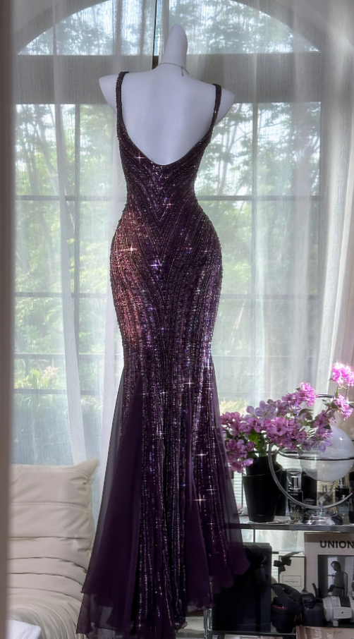 Vintage V Neck Dark Purple Chiffon Sequin Mermaid Long Party Gown Even