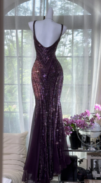 Vintage V Neck Dark Purple Chiffon Sequin Mermaid Long Party Gown Evening Dress