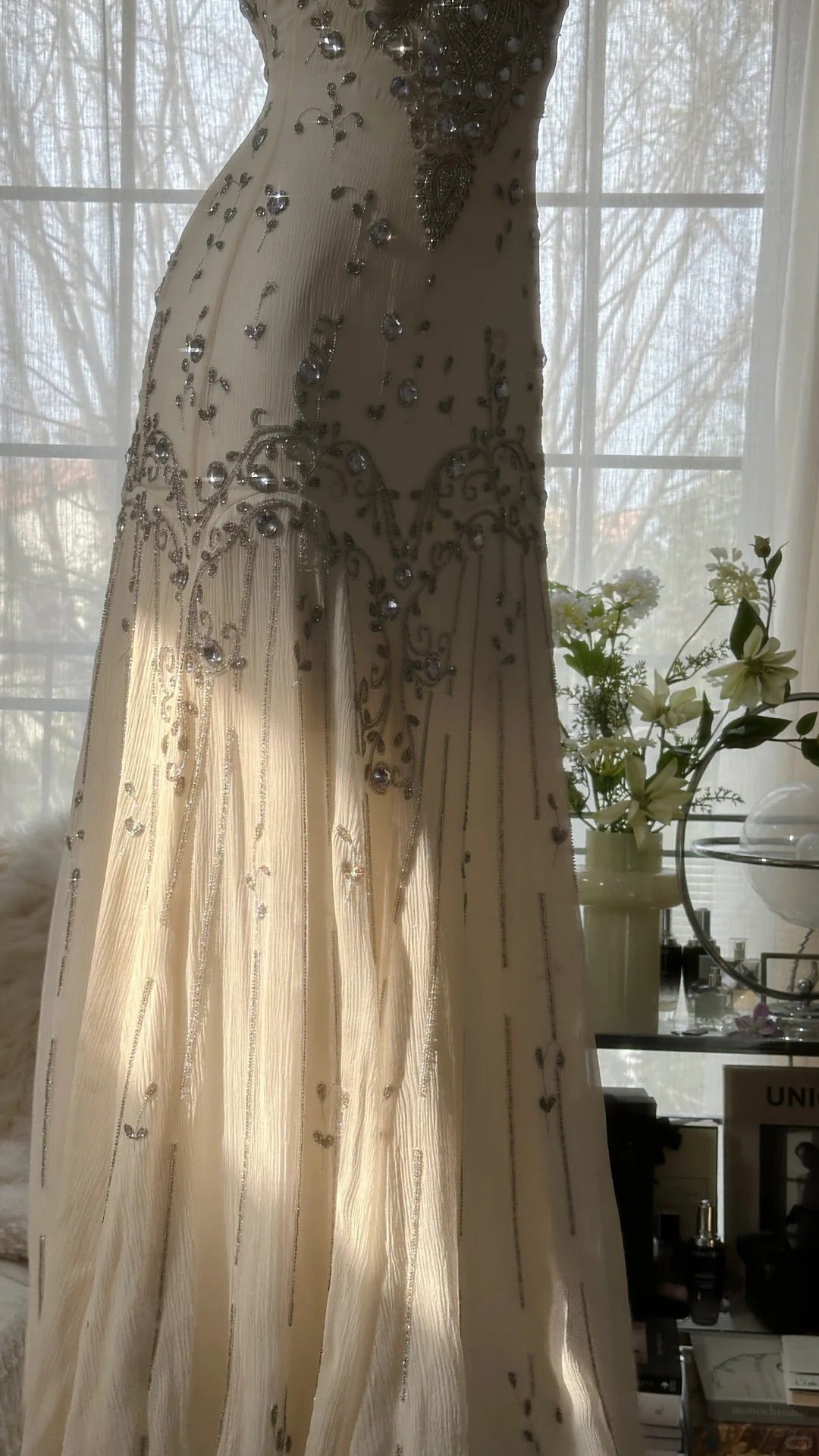Vintage Ivory Beaded Chiffon Mermaid Prom Dress
