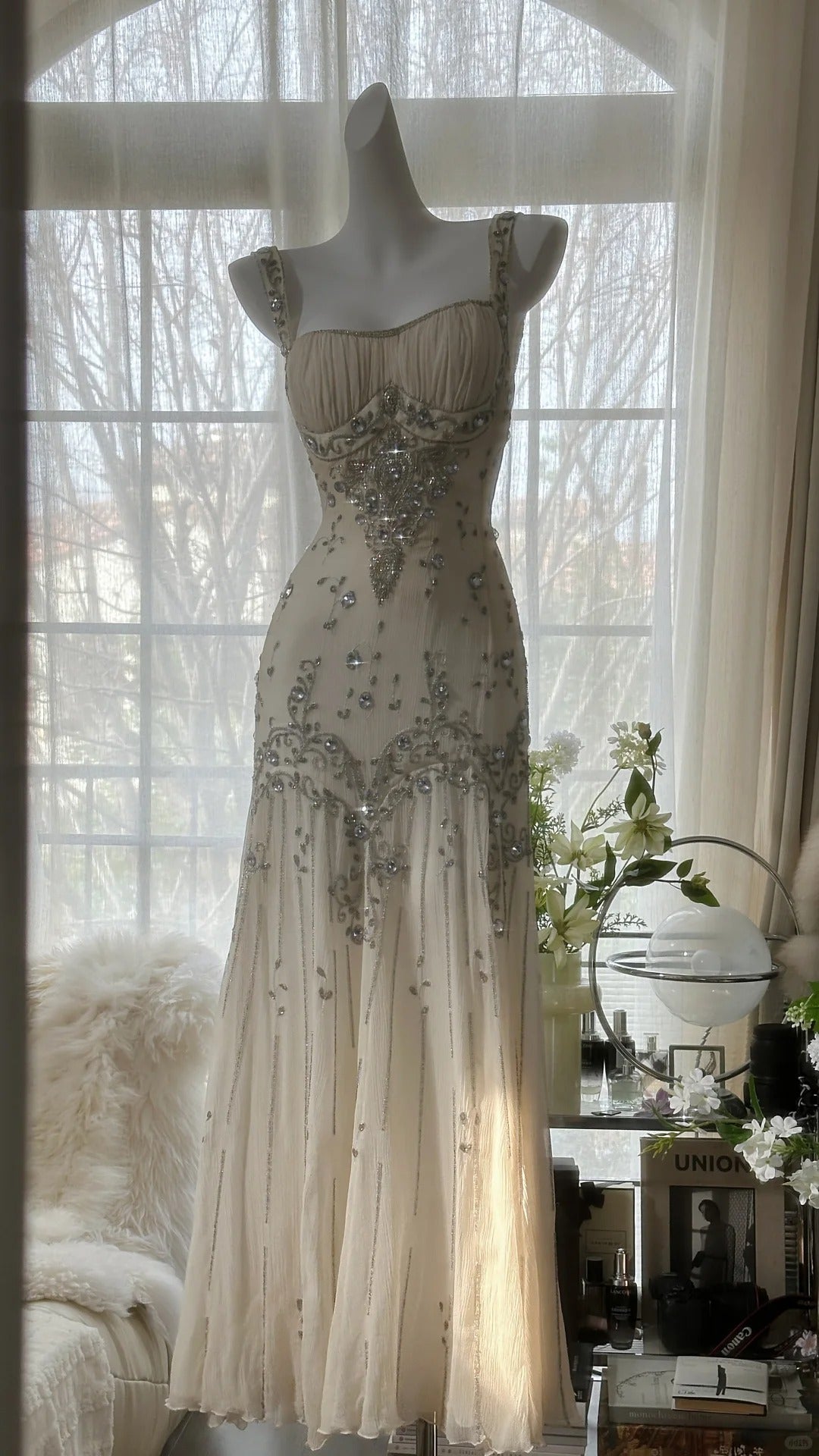 Vintage Ivory Beaded Chiffon Mermaid Prom Dress Main image