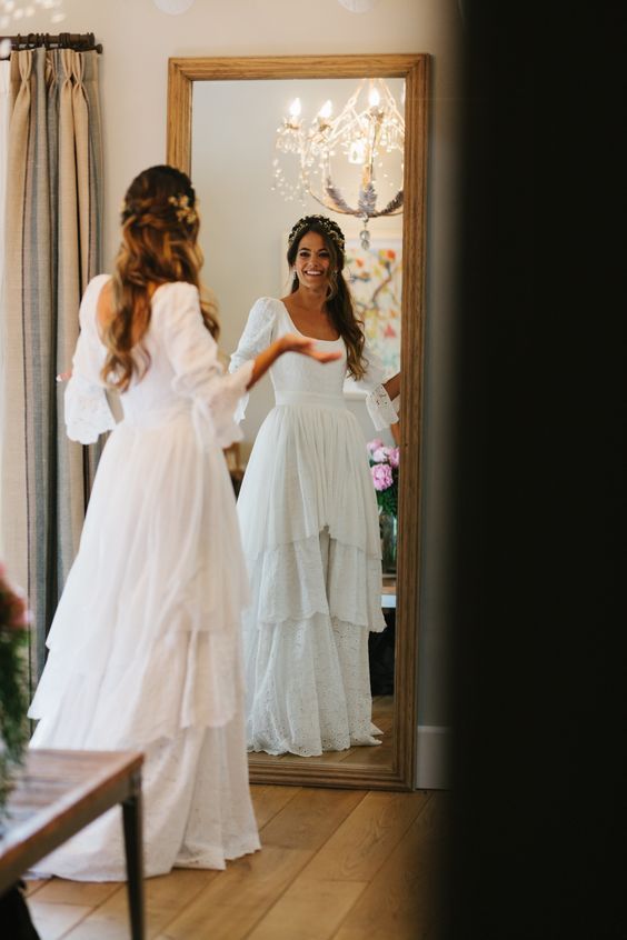 Vintage White Lace Wedding Gown, Ruffle Bridal Dresses