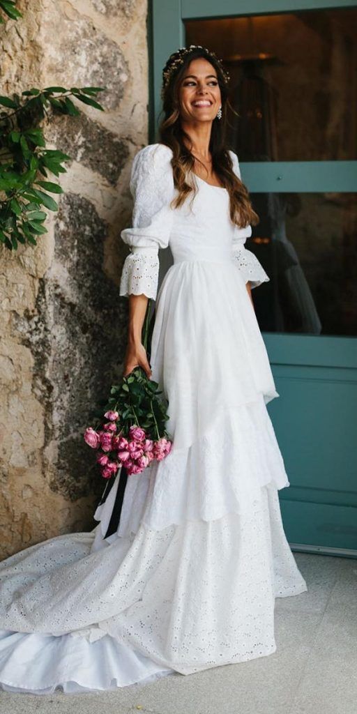 Vintage White Lace Wedding Gown, Ruffle Bridal Dresses Main image