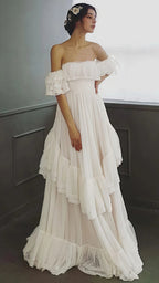 Vintage White Off The Shoulder Dots Ruffle Party Dresses