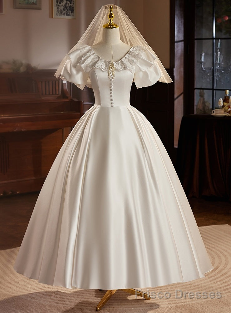 Vintage White Satin Puff Sleeve Wedding Dress Main image