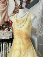 Vintage Yellow A-Line Boat Neck Tulle Long Formal Prom Dress Simple Embroidery Applique Evening Dress