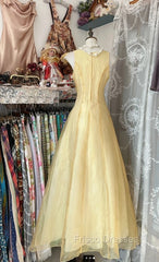 Vintage Yellow A-Line Boat Neck Tulle Long Formal Prom Dress Simple Embroidery Applique Evening Dress