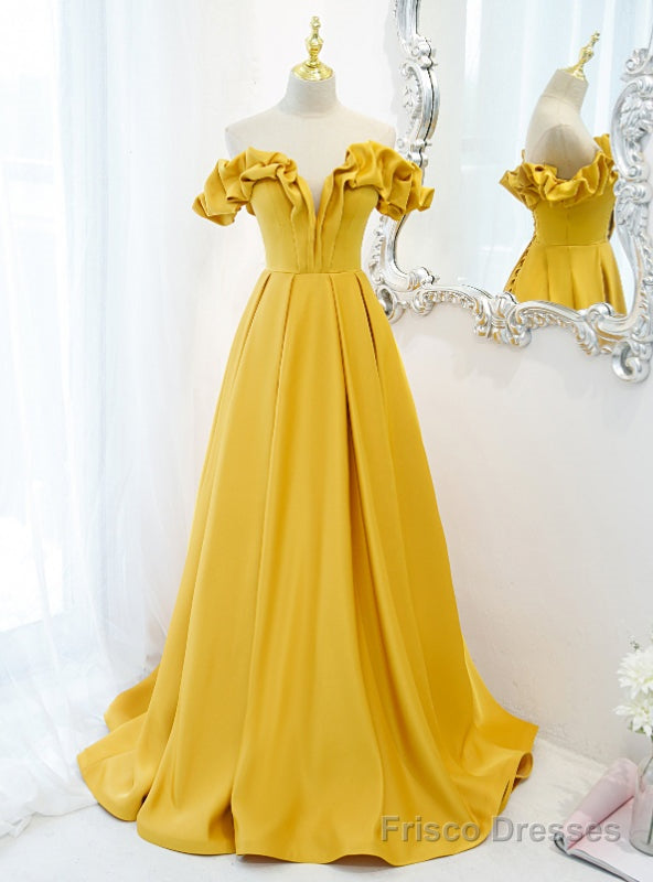Vintage Yellow Satin Off the Shoulder Prom Dress Main image