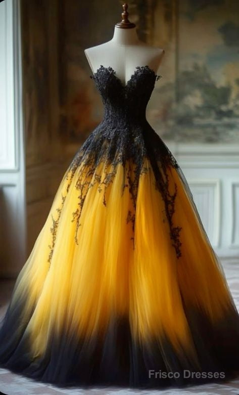 Vintage Yellow Sweetheart Neck Tulle A-Line Prom Dress Gorgeous Evening Dress Main image