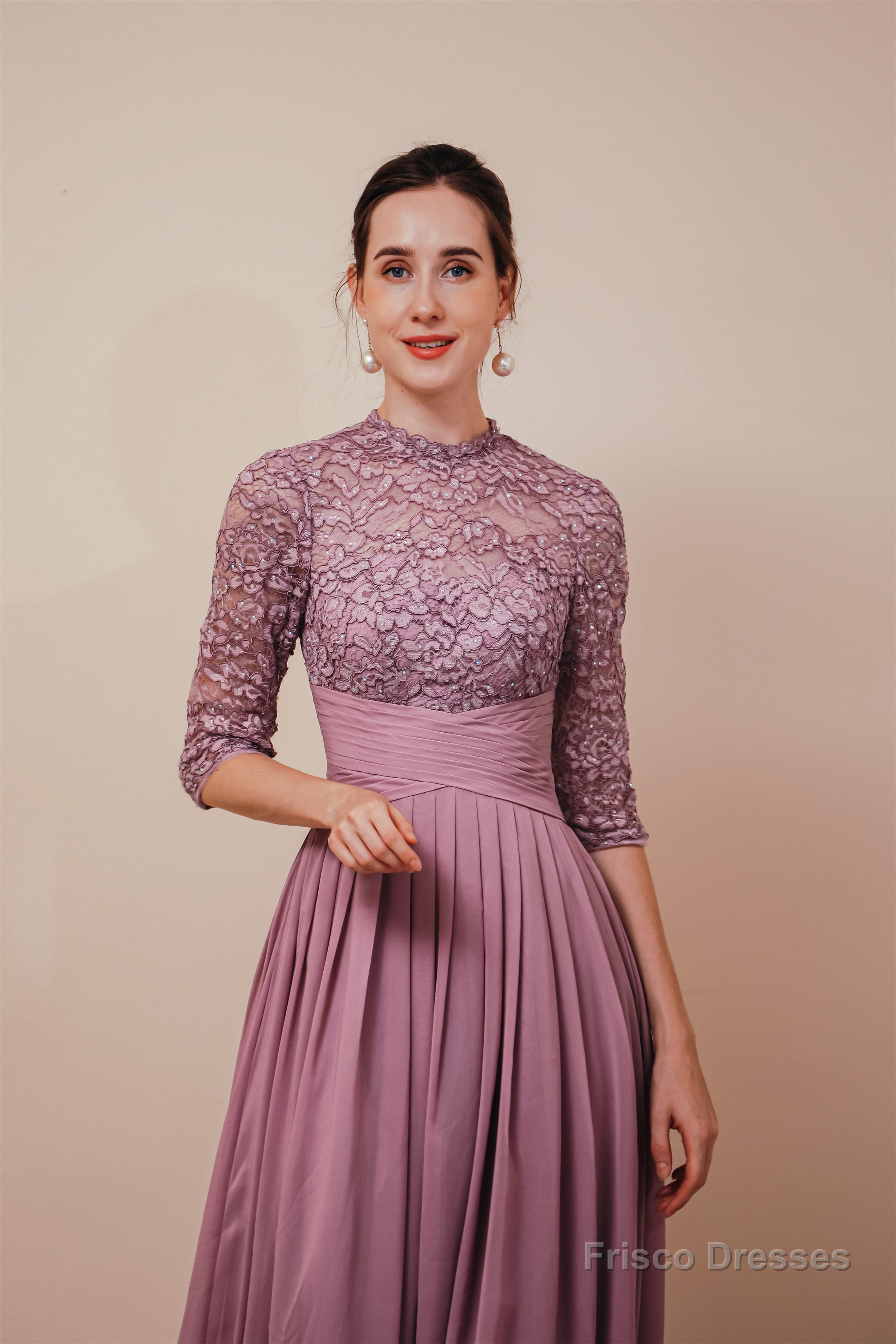 Lace Chiffon Long Zipper Back Mother of the Bride Dresses With Sleeves