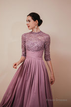 Lace Chiffon Long Zipper Back Mother of the Bride Dresses With Sleeves