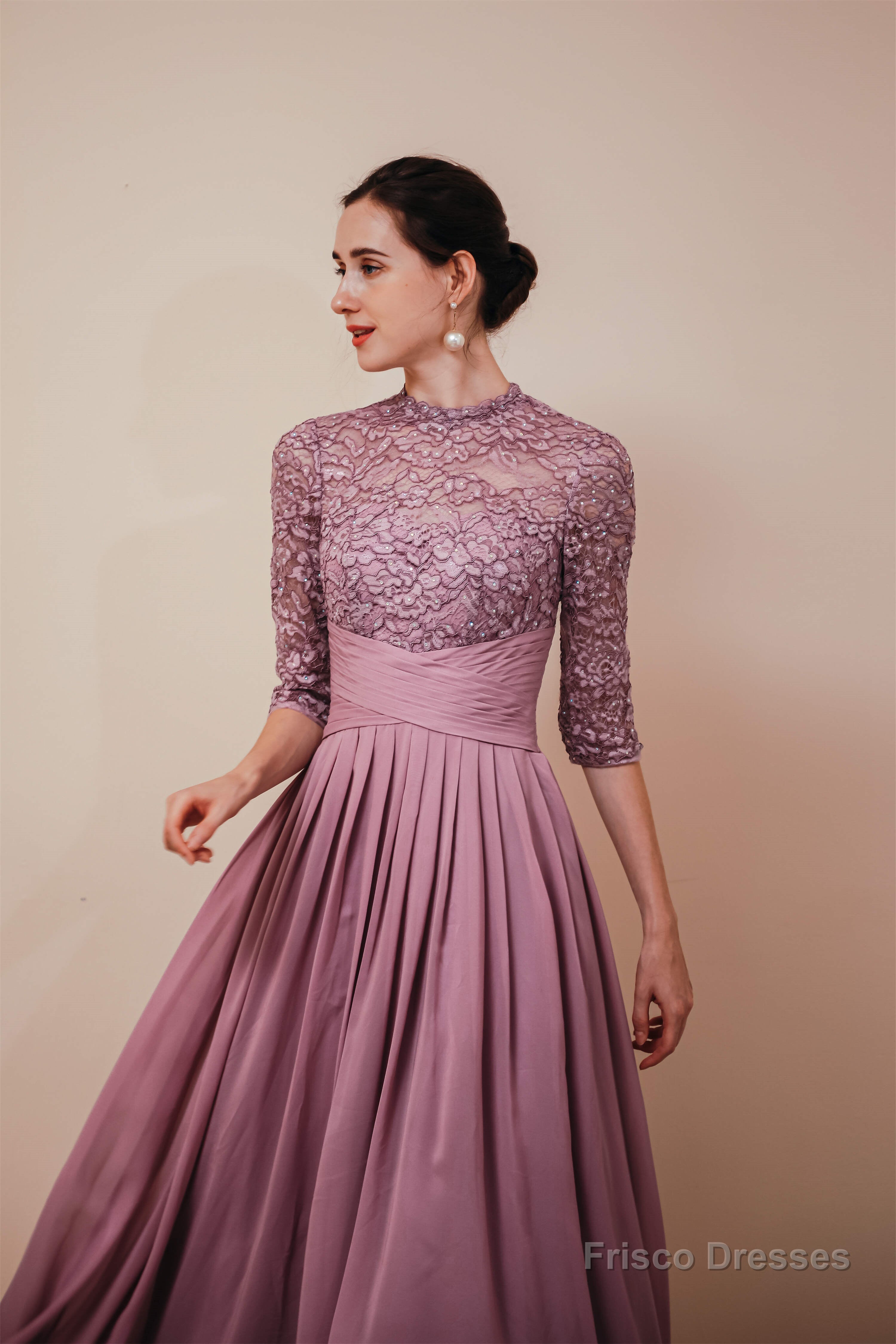 Lace Chiffon Long Zipper Back Mother of the Bride Dresses With Sleeves