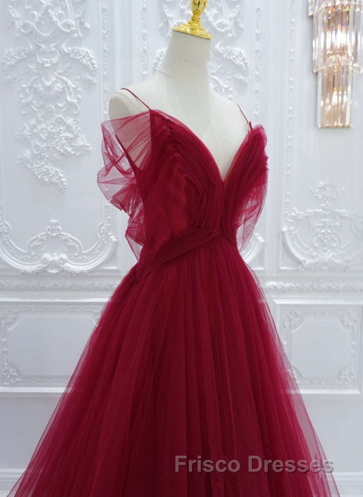Wine Red Tulle V-Neckline Off Shoulder With Bow, Wine Red Tulle Long Formal Prom Dress