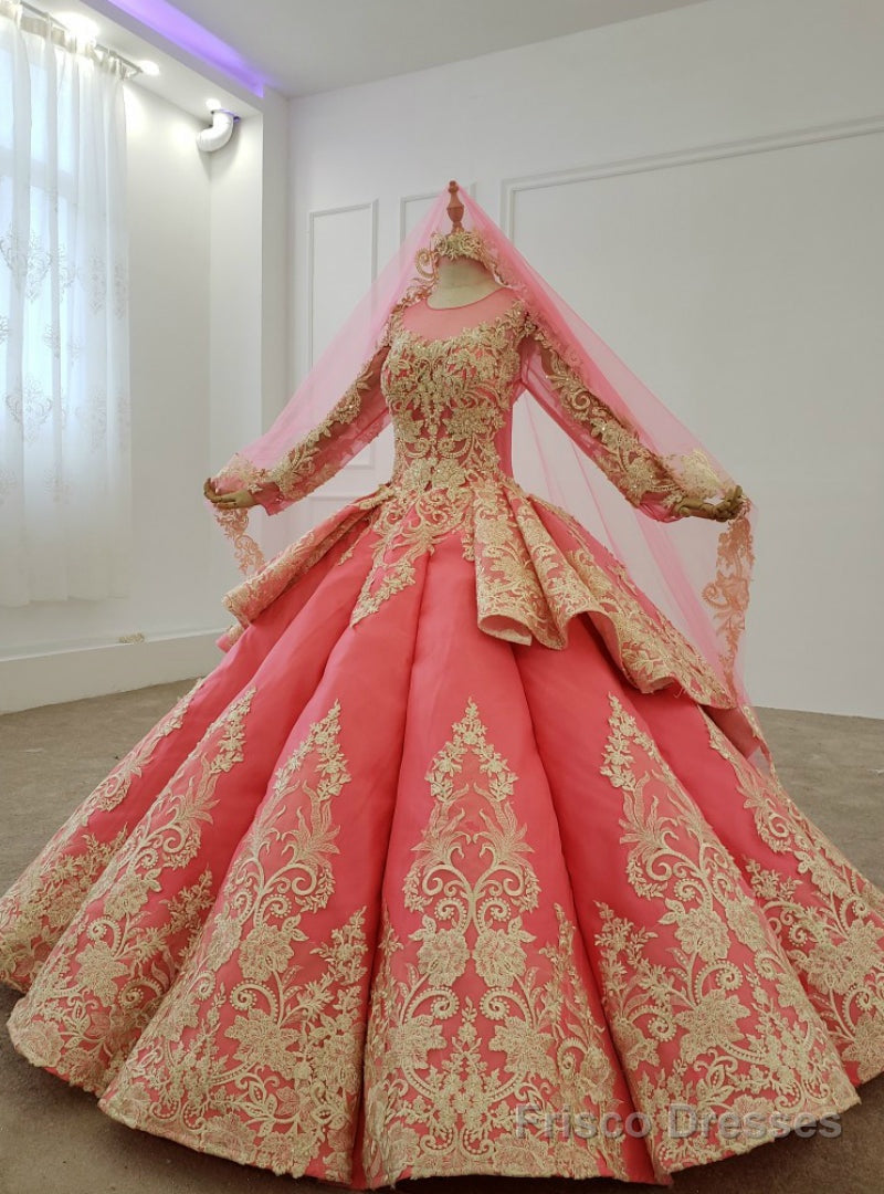 Watermelon Red Ball Gown Lace Appliques Long Sleeve Wedding Dress Main image