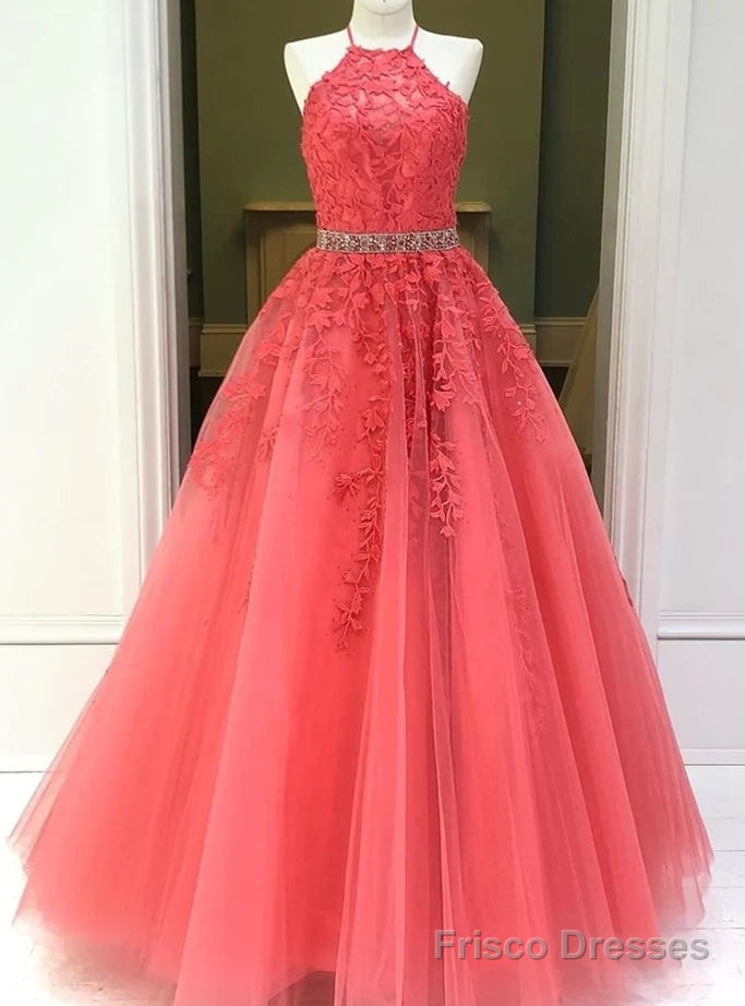 Watermelon Red Halter Tulle Appliques Prom Dress Main image