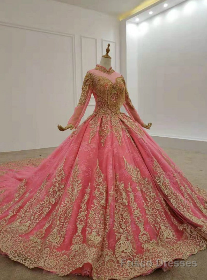 Watermelon Red Tulle High Neck Long Sleeve Lace Appliques Wedding Dress Main image