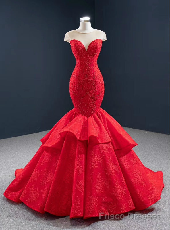 We Offer a Large Numbers Of Red Mermaid Lace Cap Sleeve Beading See Through Neck Prom Dress