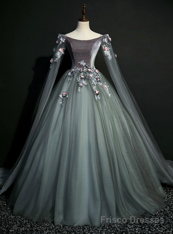 We Provide Gray Tulle Velvet Off the Shoulder Appliques Quinceanera Dress Main image