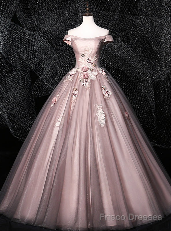We Provide Pink Ball Gown Tulle Off the Shoulder Appliques Quinceanera Dress Main image