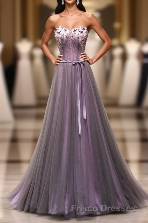 Pruple Tulle Sweetheart Neck Long Formal Prom Dress, Evening Dress Main image