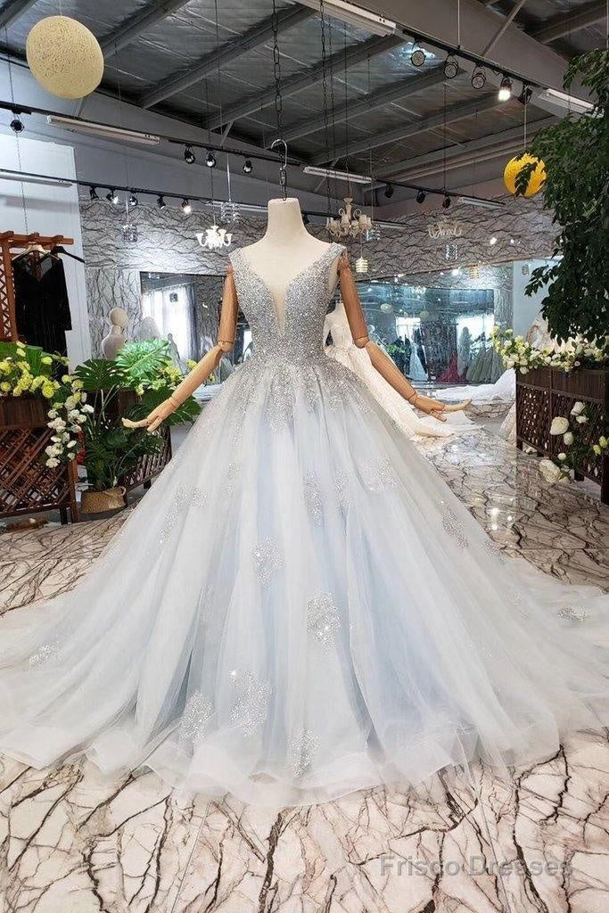 Wedding Dresses V Neck Lace Up Back Beads Prom Dress Tulle Main image