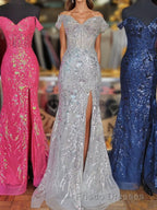 Fuchsia Off-Shoulder Sequined Floral Mermaid Long Formal Prom Dress with Slit