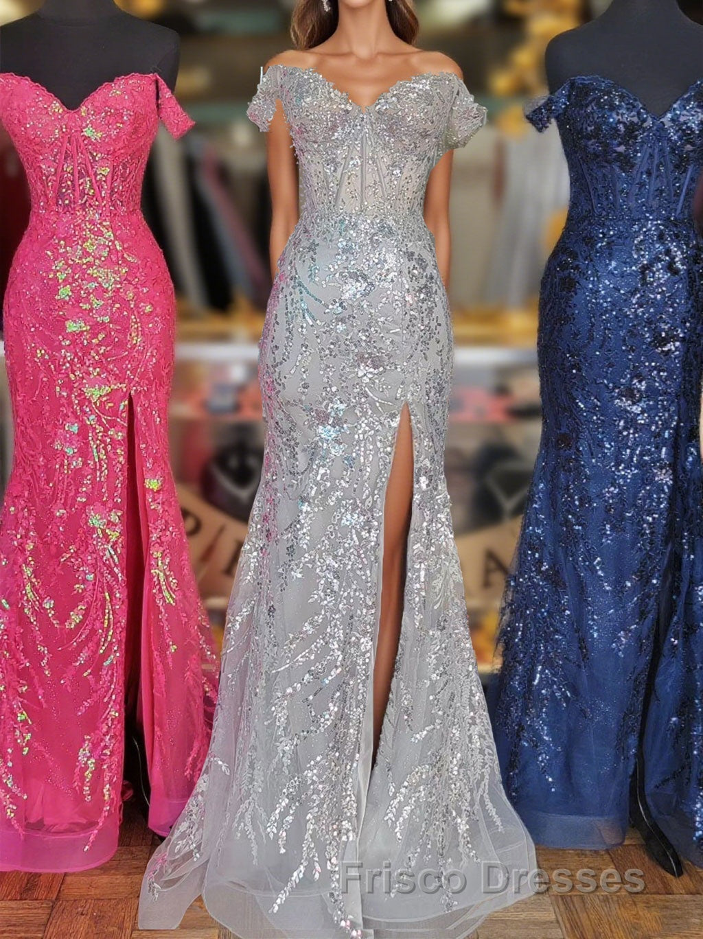 Fuchsia Off-Shoulder Sequined Floral Mermaid Long Formal Prom Dress with Slit