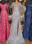 Fuchsia Off-Shoulder Sequined Floral Mermaid Long Formal Prom Dress with Slit