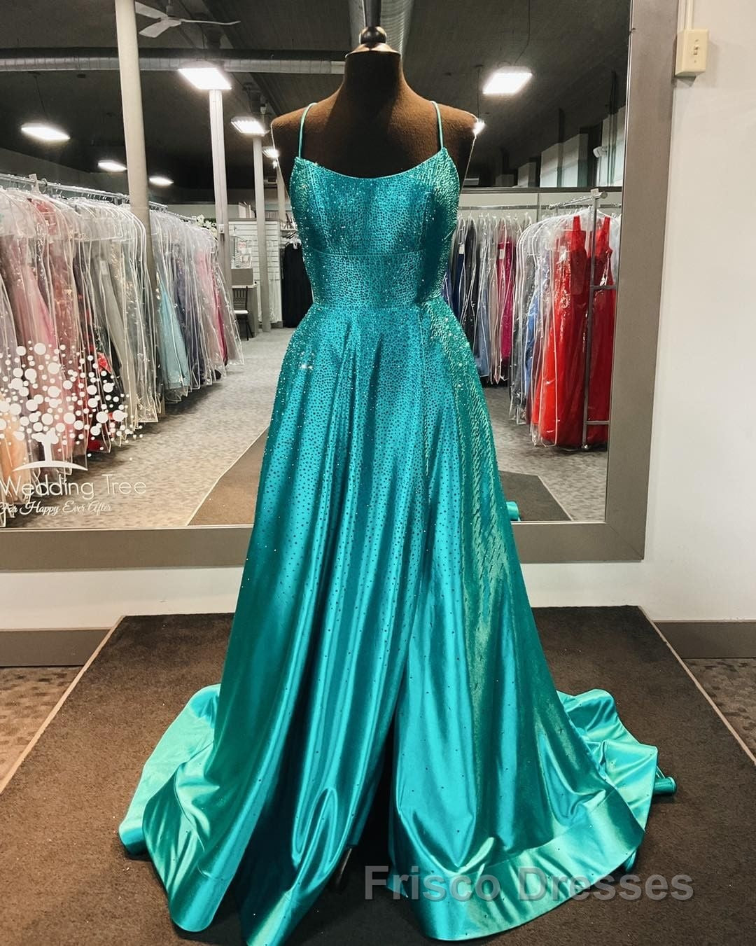 Spaghetti Straps Beaded Teal Blue A-line Long Formal Prom Dress Secondary image