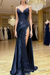 Dark Blue V Neck Satin Lace Long Formal Prom Dress, Dark Blue Lace Long Evening Dress
