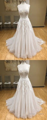 Wh V Neck Tulle Long Prom Dress, Lace Evening Dress, White Lace Wedding Dress