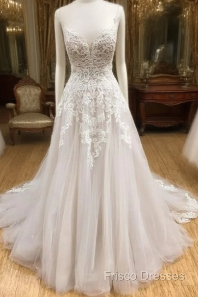 Wh V Neck Tulle Long Formal Prom Dress, Lace Formal Dress, White Lace Wedding Dress Main image