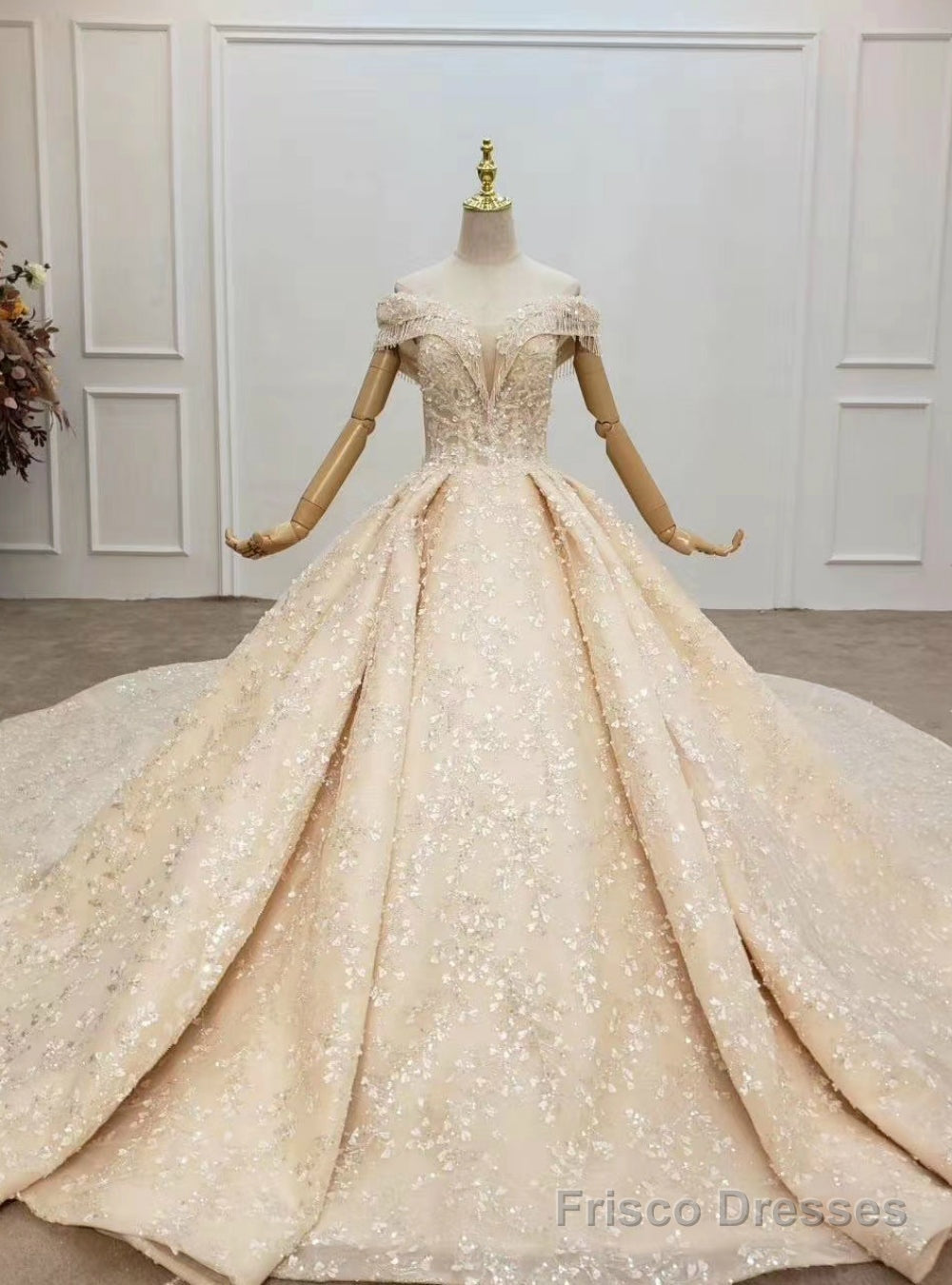Whether You Are Looking For Luxury Champagne Ball Gown Tulle Sequins Appliques Off the Shoulder Wedding Dress Main image