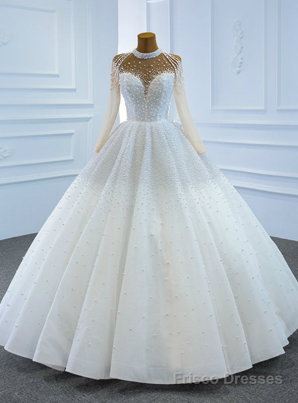 Whether You Are Looking For White High Neck Long Sleeve Tulle Pearls Floor Length Wedding Dress Main image