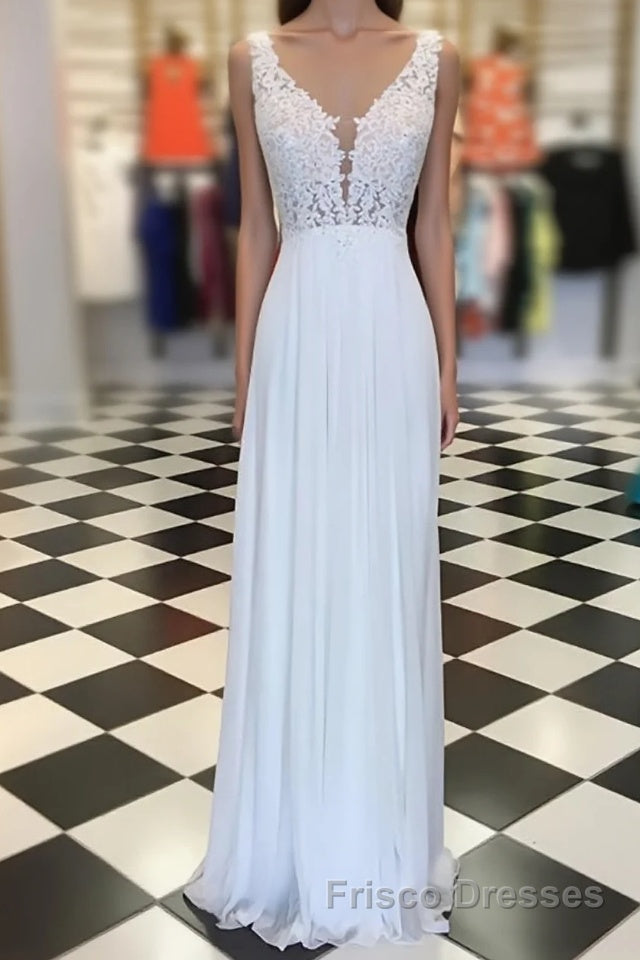 White A-line chiffon lace long Formal Prom Dresses, white bridesmaid Dresses Main image