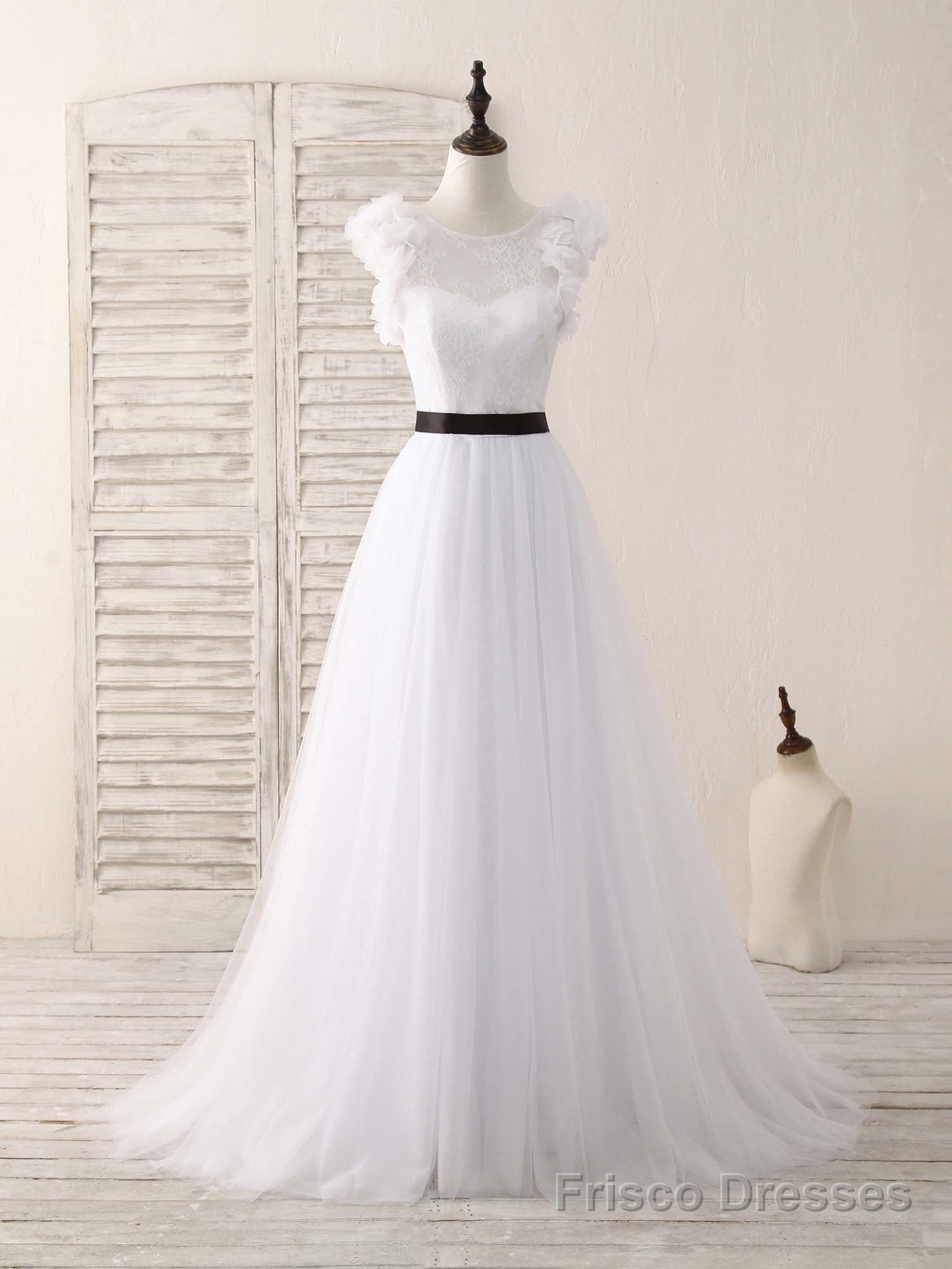 White A-Line Lace Tulle Long Prom Dress, White Evening Dress Secondary image
