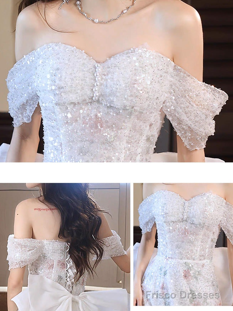 White A-Line Off Shoulder Tulle Long Prom Dress, White Formal Dress