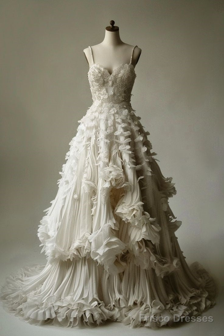 White A-Line Spaghetti Strap Beaded Tulle Long Prom Dress Simple Applique Wedding Dress Secondary image