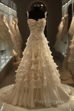 White A-Line Spaghetti Straps Chiffon Satin Long Wedding Dress With Beaded Appliques Simple Formal Prom Dress