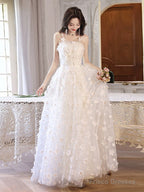 White A-Line Tulle Flower Long Prom Dress, White Formal Evening Dress