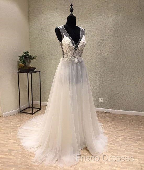 White A-Line Tulle Lace Long Formal Prom Dress, White Wedding Dress Secondary image