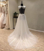White A-Line Tulle Lace Long Formal Prom Dress, White Wedding Dress