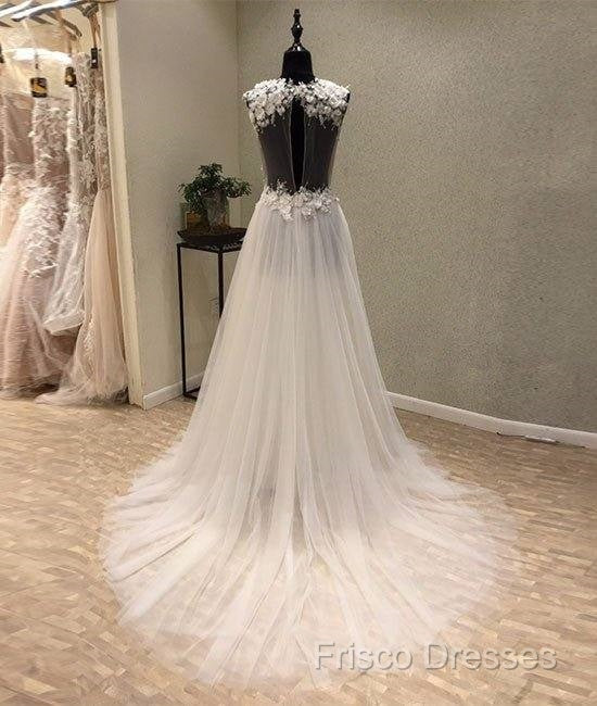 White A-Line Tulle Lace Long Formal Prom Dress, White Wedding Dress