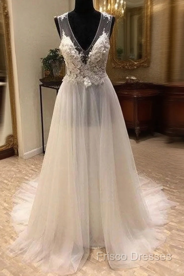 White A-Line Tulle Lace Long Formal Prom Dress, White Wedding Dress Main image