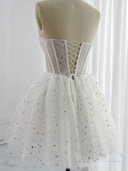White A-Line Tulle Star Short Formal Prom Dress, White Cute Homecoming Dress