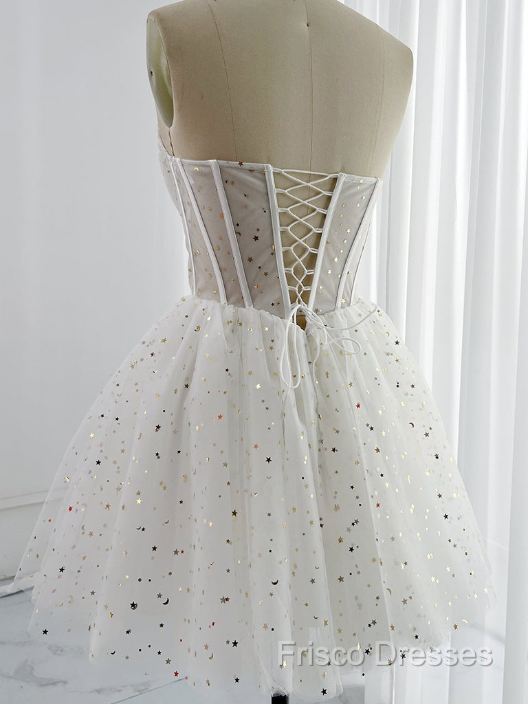 White A-Line Tulle Star Short Formal Prom Dress, White Cute Homecoming Dress