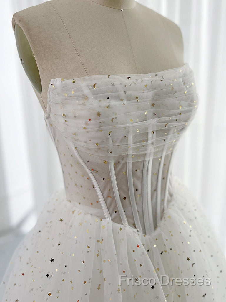 White A-Line Tulle Star Short Formal Prom Dress, White Cute Homecoming Dress
