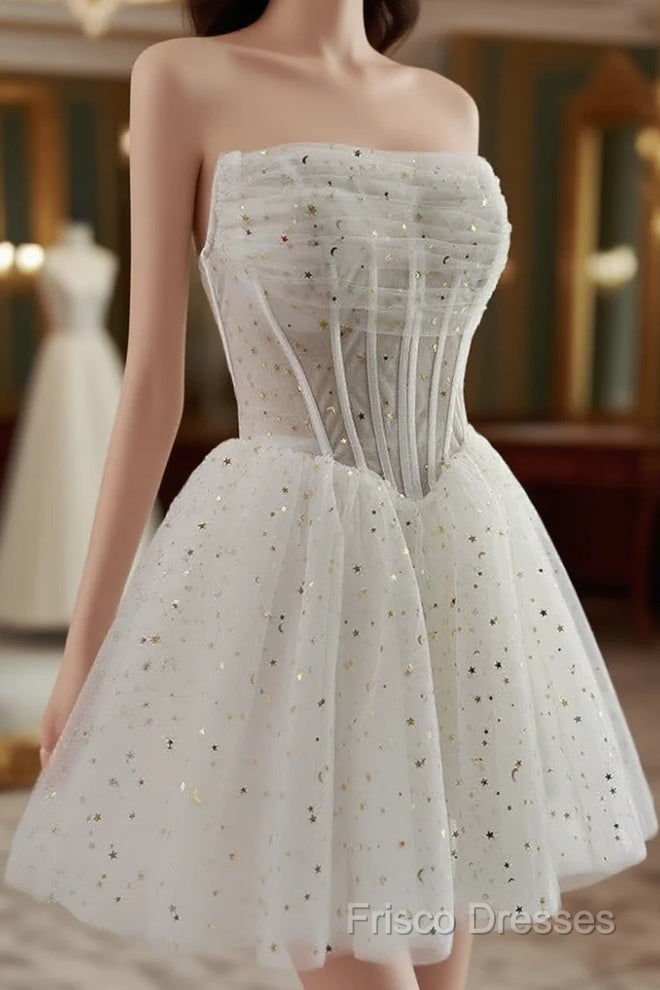 White A-Line Tulle Star Short Formal Prom Dress, White Cute Homecoming Dress Main image