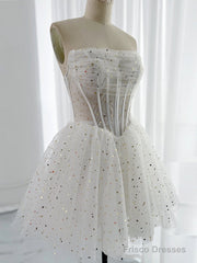 White A-Line Tulle Star Short Prom Dress, White Cute Homecoming Dress