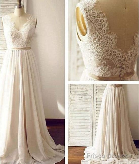 White A-Line V Neck Chiffon Lace Long Prom Dress, Bridesmaid Dress